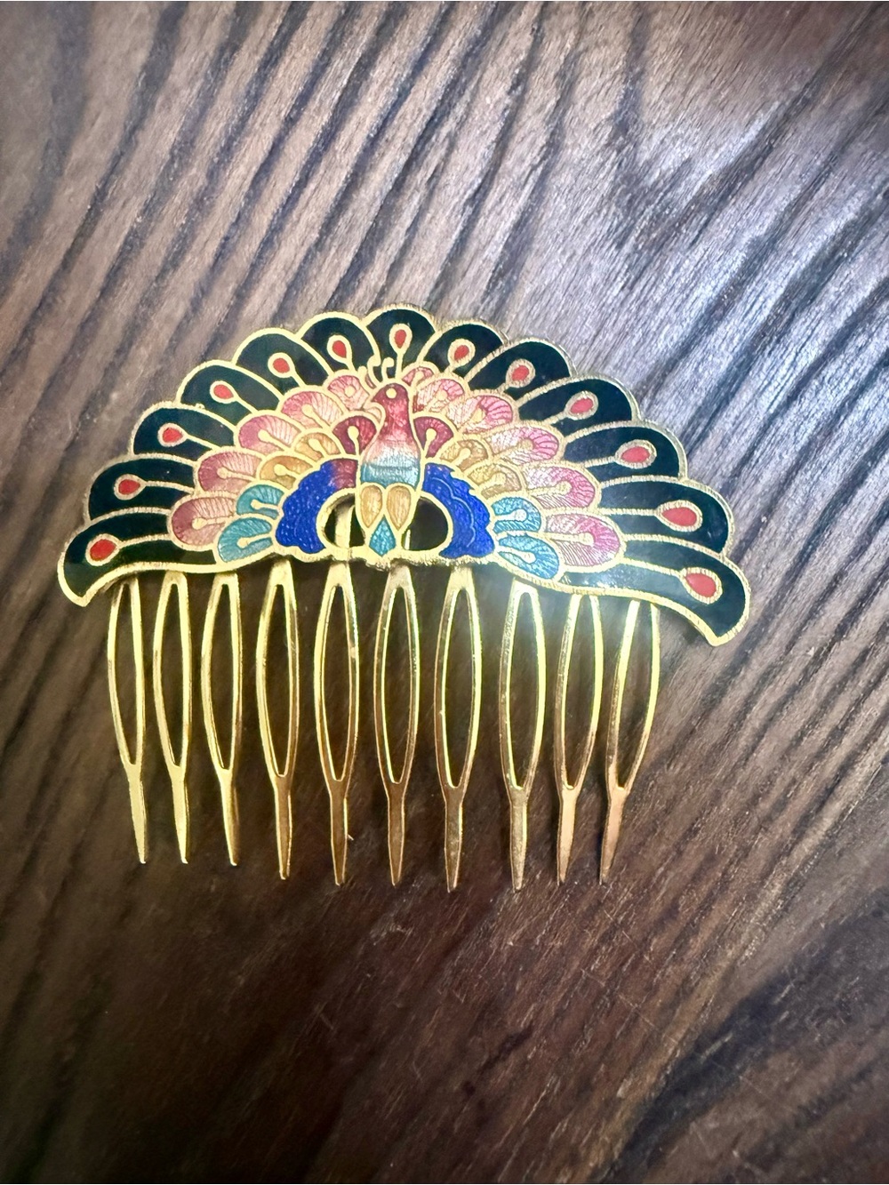 Vintage Cloisonné Peacock Hair Comb | Gold-Tone Enamel Retro 1970s